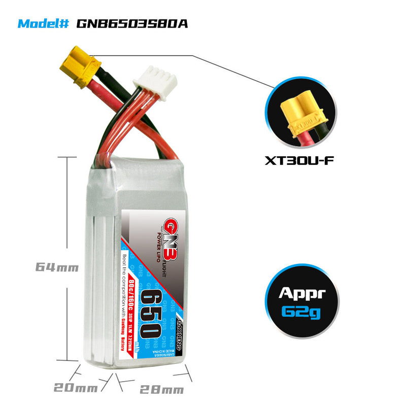 Gaoneng GNB 11.1V 650mAh 80C 3S LiPo Battery XT30 Plug for RC Drone