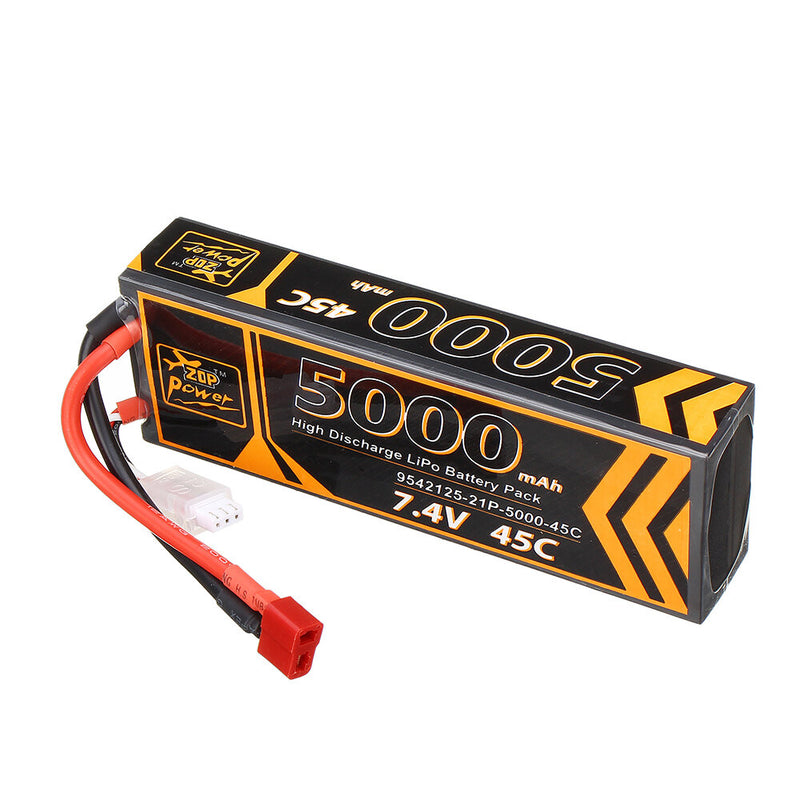 ZOP Power 7.4V 5000mAh 45C 2S Lipo Battery T Plug for 1/10 RC Racing Car