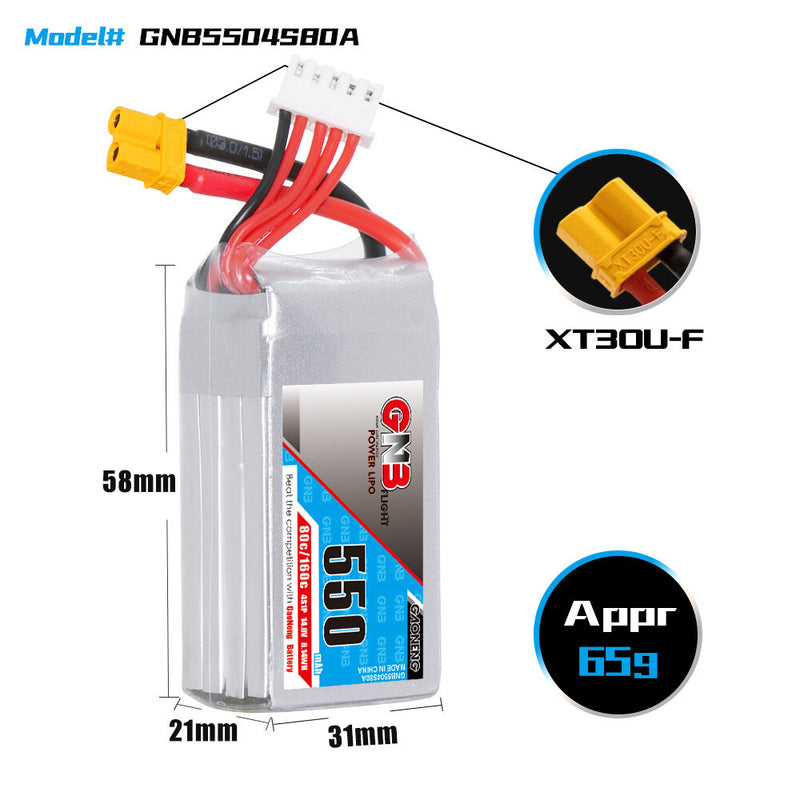 Gaoneng GNB 14.8V 550mAh 80C/160C 4S LiPo Battery XT30 Plug for RC FPV Racing Drone