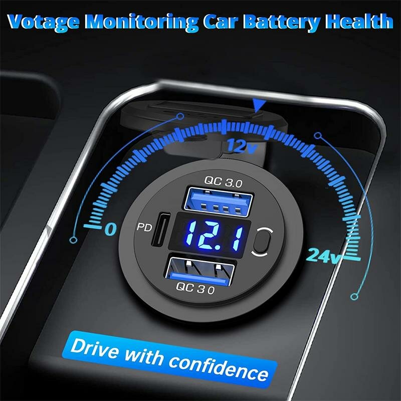 Three Port 12V/24V USB Charger Socket Dual 18W QC 3.0 & 20W PD USB-C For Car Motorcycle With Voltmeter Power Switch