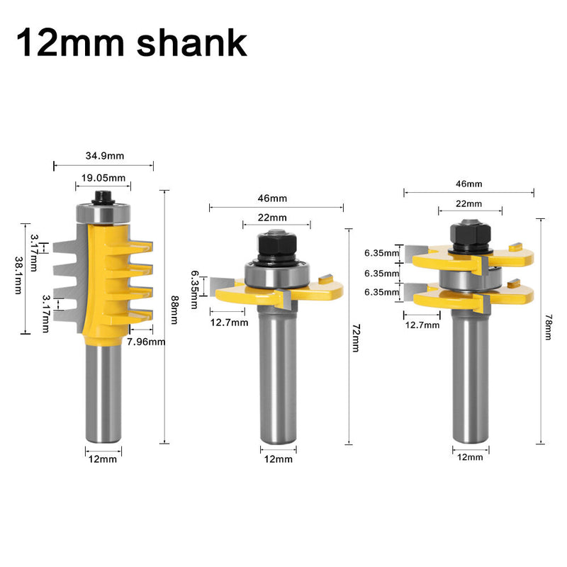 Drillpro 3pcs 1/2 Inch /12mm Shank Three Teeth Grooving Router Bit Bevel Teeth Mortise Milling Cutter CNC Solid Carbide End Mill For Woodworking Tool