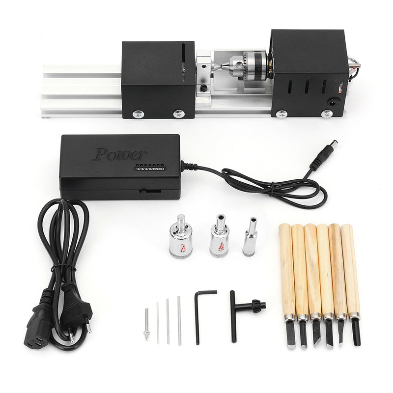 Drillpro Mini Lathe Beads Machine Wood Working DIY Lathe Set with DC 24V Power Adapter Metal Cover