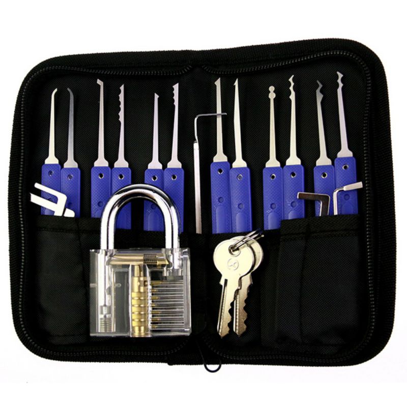 Multi-Tool Set Padlock for Beginners Locksmith Kit Unlocking Tool Blue Locks set 12 pieces +5 pins +1 padlock - LOCKPICKWEB