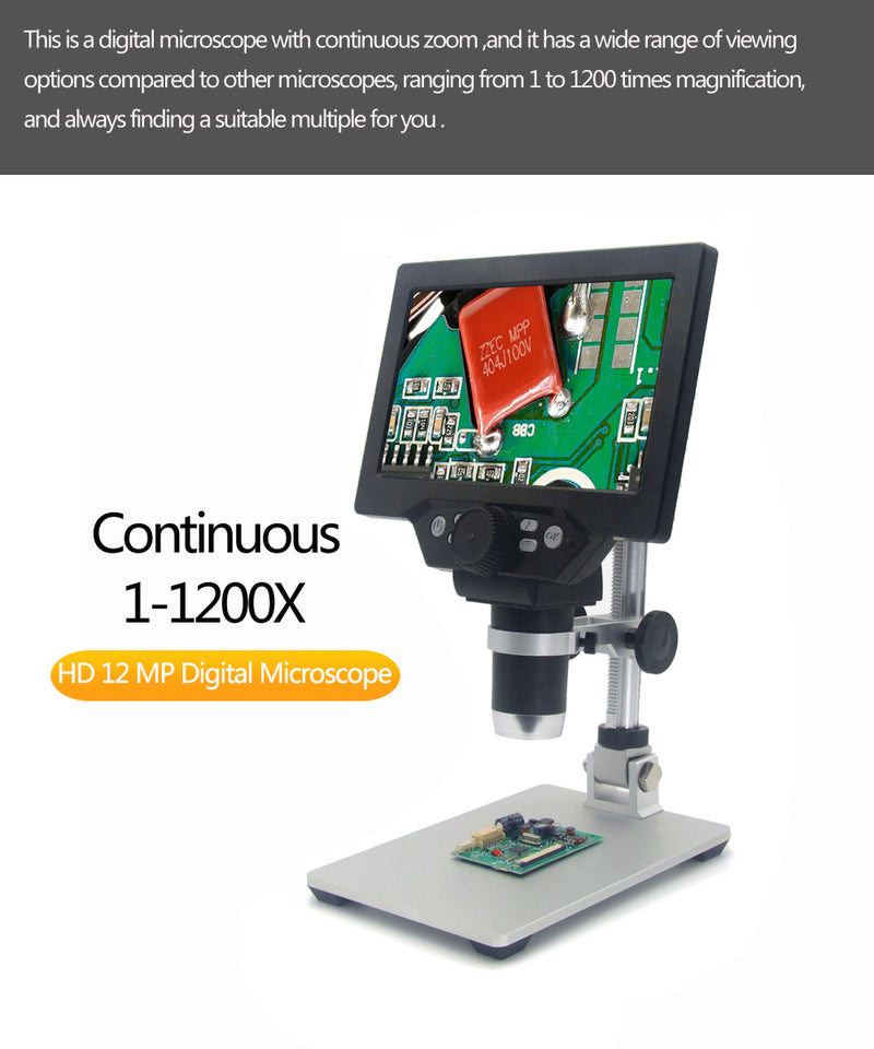 G1200 Digital Microscope 12MP 7 Inch Large Color Screen Large Base LCD Display 1-1200X Continuous