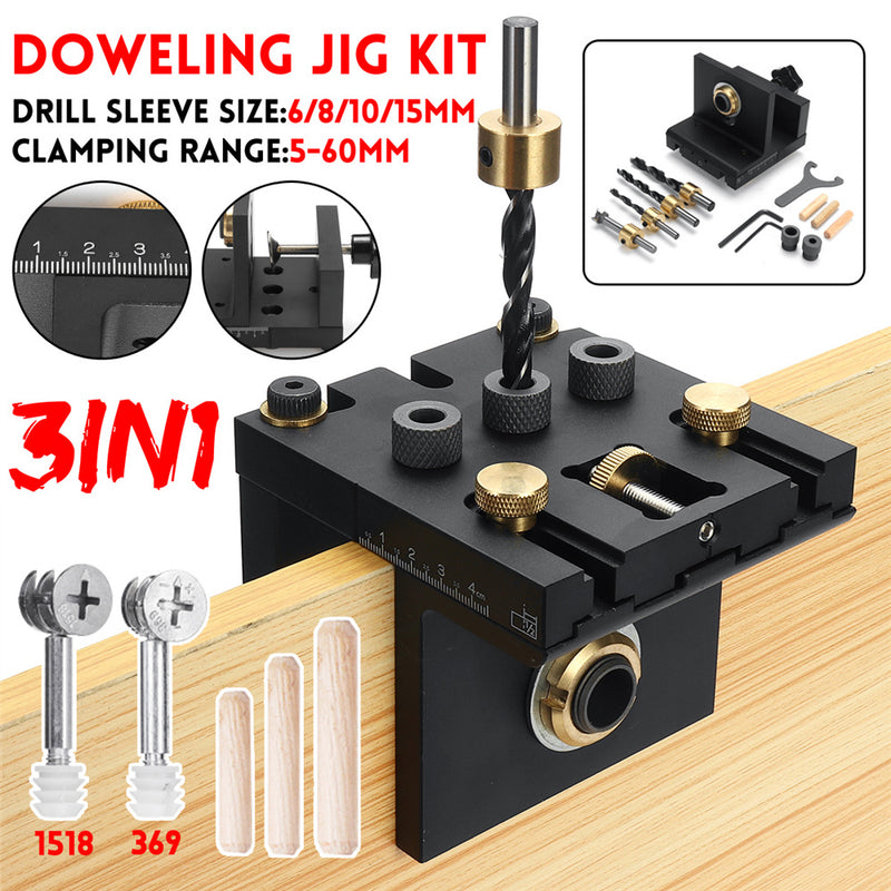 Three In One Doweling Jig Kit With Clip Adjustable Hole Puncher Locator Drilling Guide For Furniture Connecting Carpentry Tools