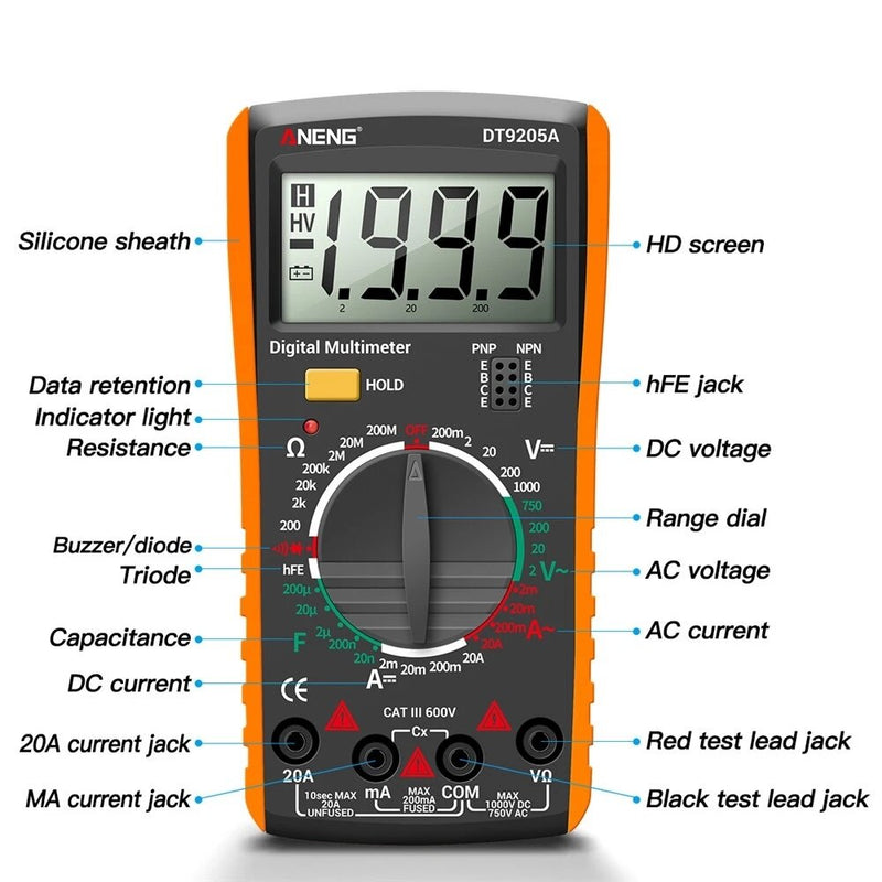 ANENG DT9205A Newly HD Digital True RMS Professional Multimeter Auto AC/DC Voltage Current Tester Buzzer Electrical Multimeter