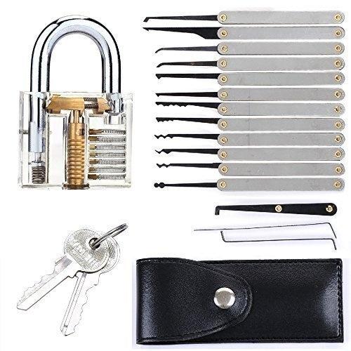 12-Piece Unlocking Lock Pick Set Key Extractor Tool + Transparent Lock Padlock - LOCKPICKWEB