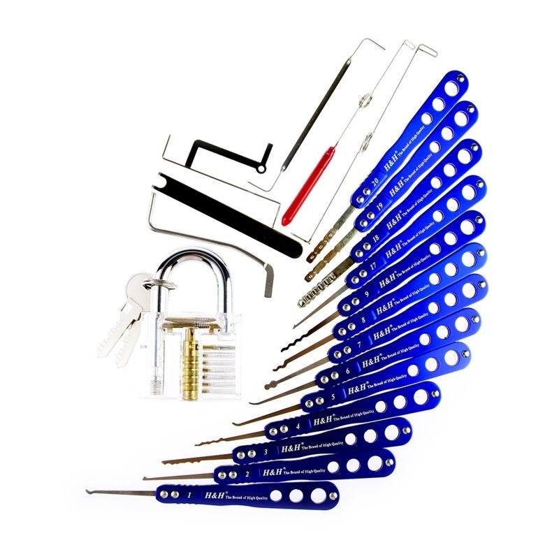 20-in-1 Lock Pick Tool Padlock Picks Door Lock Opener Locksmith Tool Set +Transparent Visible Cutaway Padlock Locksmith Practice Training Lock - LOCKPICKWEB