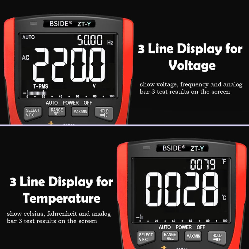 BSIDE ZT-Y EBTN LCD Multimeter 3Line Display 9999 Counts TRMS Auto-Range Voltmeter Capacitance Temp VFC NCV Hz Tester Flashlight