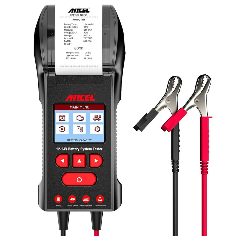 ANCEL BST600 12V/24V 100-2000 CCA Automotive Battery Temperature Load Tester Car Cranking Charging System Analyzer Scan Tool with Printer for Trucks Cars Motorcycles