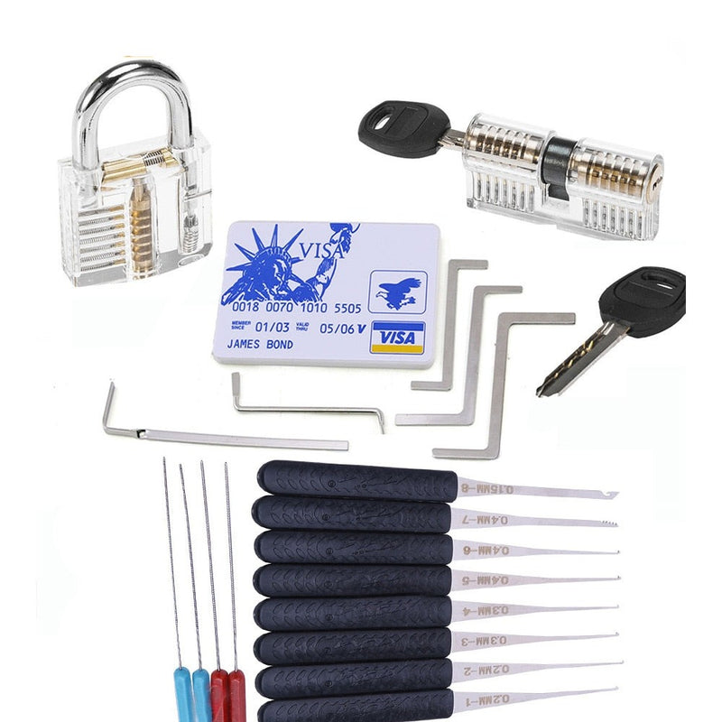 Lock Pick Set Practice Tools Combination Transparent Locks with 22pcs Broken Key Remove Tool Mini Credit Card Tension Tools