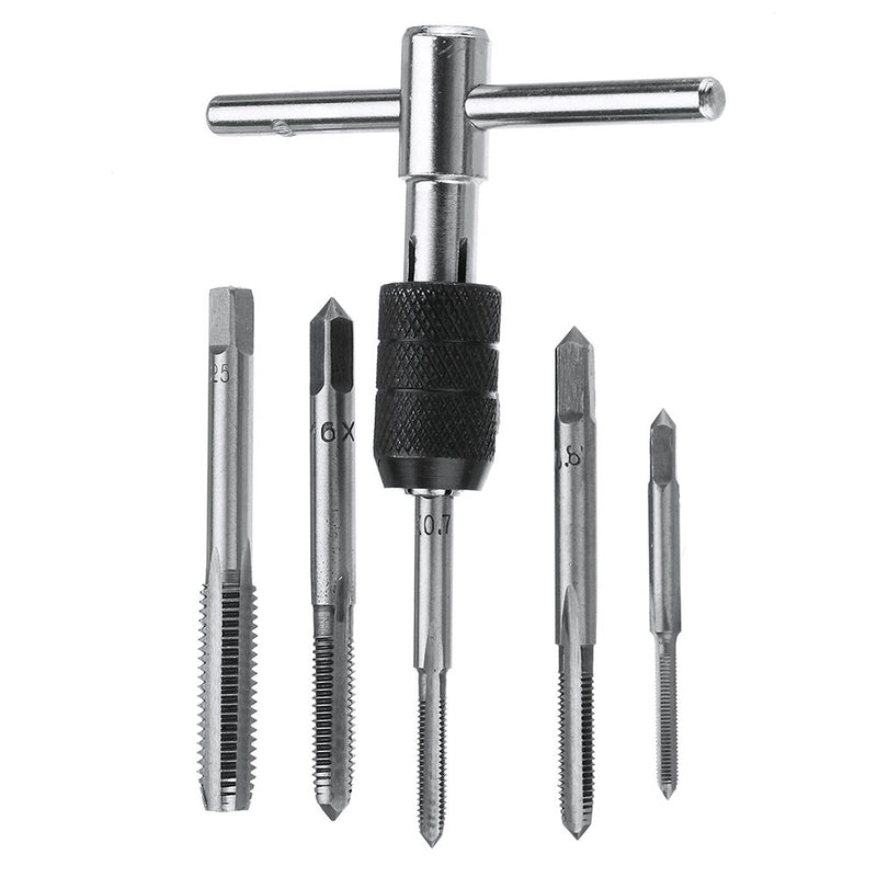 6pcs M3-M8 Tap Drill Set T Handle Ratchet Tap Wrench Machinist Tool With Screw Tap Hand