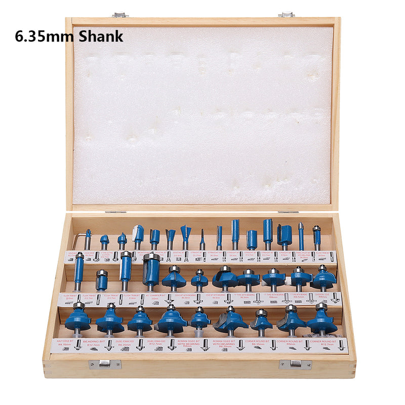 Drillpro 35PCS Router Bits Set 1/4 Shank 8mm Shank with Wood Case Milling Cutter for Wood Flush Straight Chamfer Trimming Engraving Tool