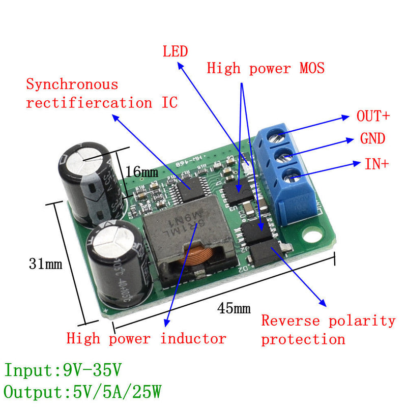 24V/12V To 5V/5A 25W DC DC Buck Step Down Power Supply Module Synchronous Rectification Power Converter