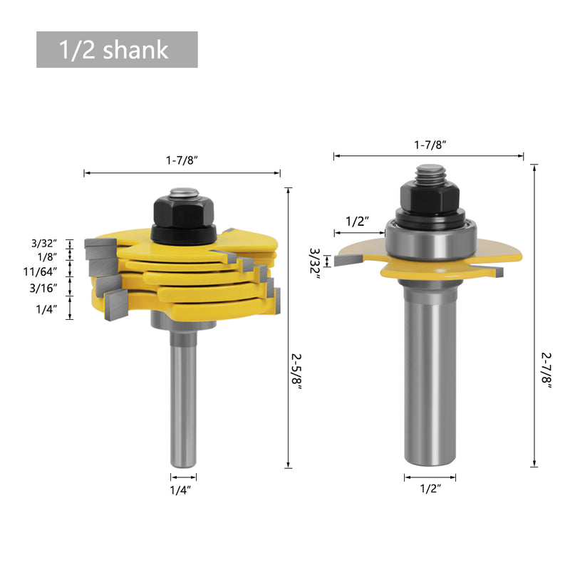 2Pcs 1/2 Inch 12mm Shank Adjustable Grooving Joint Router Bit Miter Router Set Stock Wood Cutting