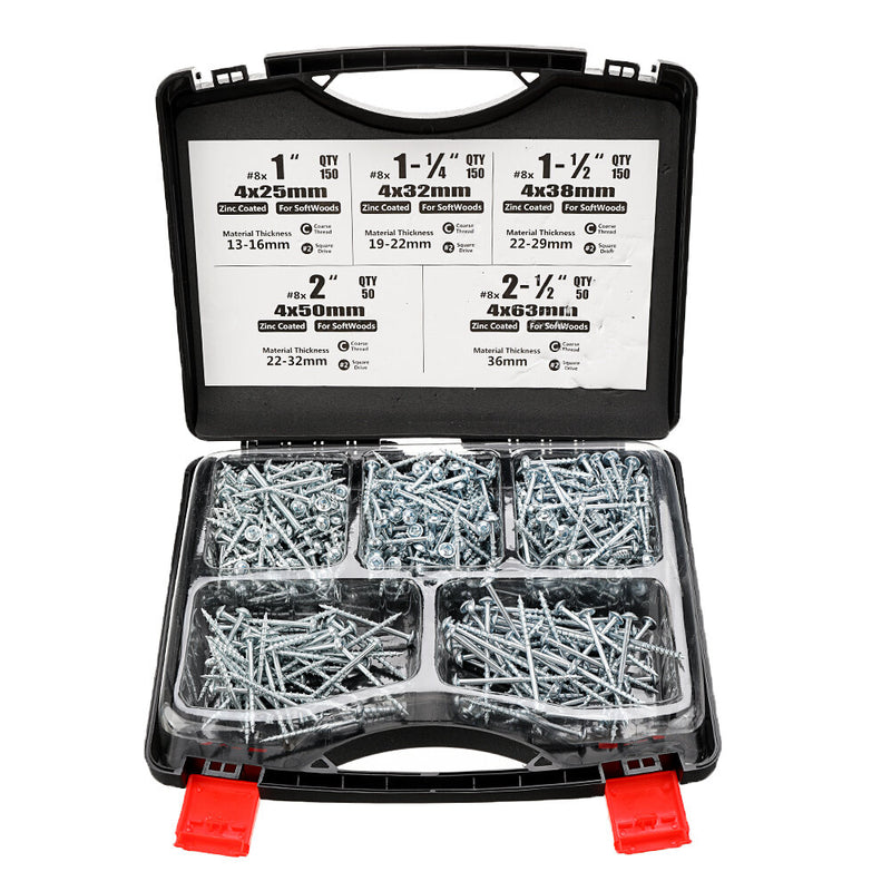 552PCS Self Tapping Pocket Hole Screws Kit SQ2 Square Driver 25/32/38/50/63mm Screws with Screwdriver Bit and Storage Case