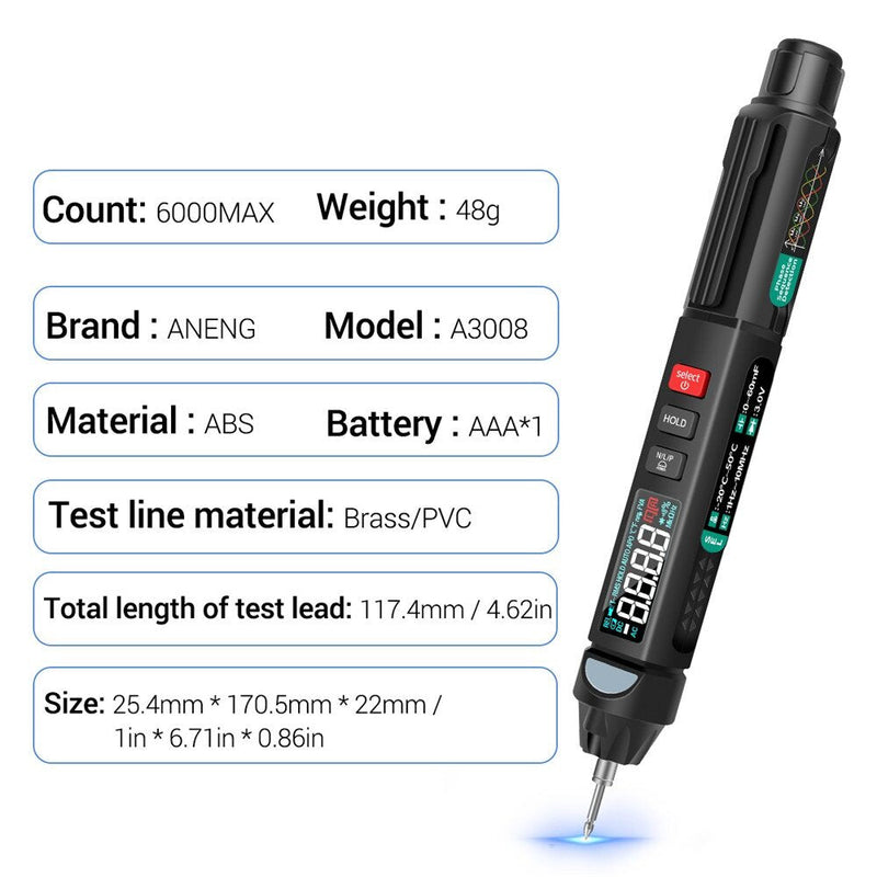 ANENG A3008 Digital Multimeter Auto Intelligent Sensor Pen Tester 6000 Counts Non-contact Voltage Meter VA Color Reverse Display Screen