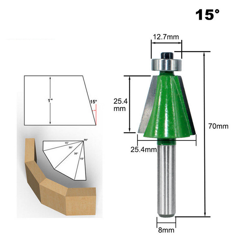 11.25°/15°/22.5°/30°/45° 8mm Shank Tenon Router Bit Woodworking Trimming Tool