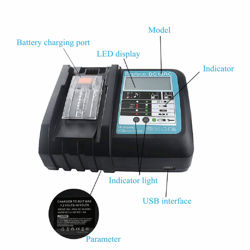 DC18RC Fast Lithium-Ion USB Battery Charger LED Display BL1830 BL1840 BL1850 for 14.4V 18V MakIta Battery