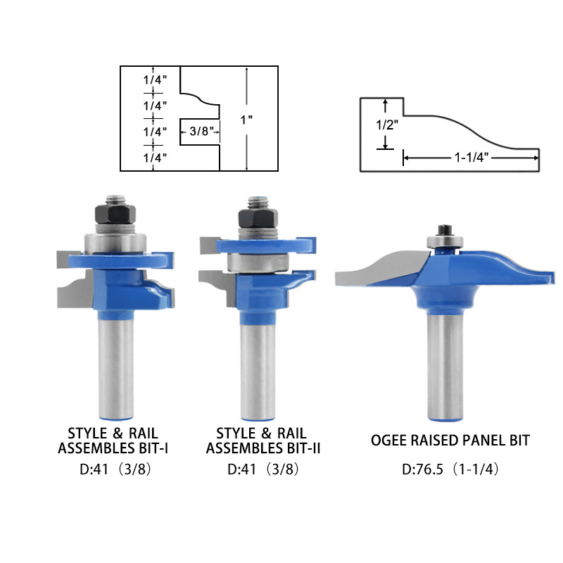 Drillpro 3Pcs 1/2 Inch Shank Style and Rail Assemble Ogee Rasied Panel Router Bit Tennon Tongue and Groove Bits Woodworking Cabinet Door Bits