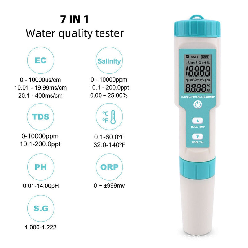 C-600 7 In 1 PH/TDS/EC/ORP/Salinity /S.G/Temperature Meter Water Quality Tester for Drinking Water Aquariums PH Meter